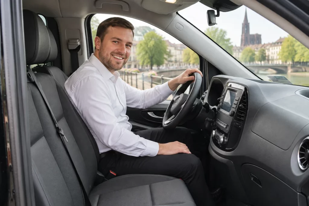 Chauffeur assis au volant dans l’habitacle du van Mercedes.