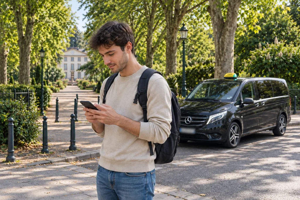 Voyageur réservant un taxi sur son téléphone près de l’Orangerie, avec le van Mercedes en arrière-plan.