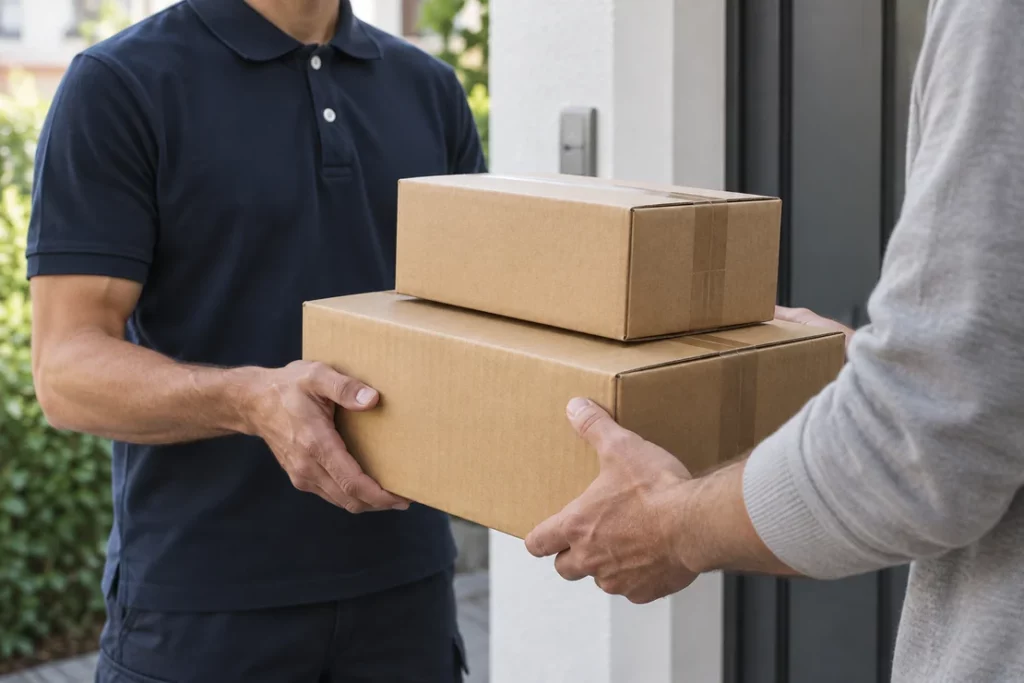 Remise de deux colis en carton à un destinataire.
