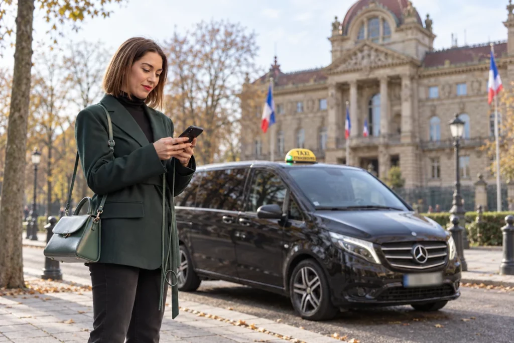 Voyageuse consultant son téléphone devant le Palais du Rhin, avec le van taxi en arrière-plan.