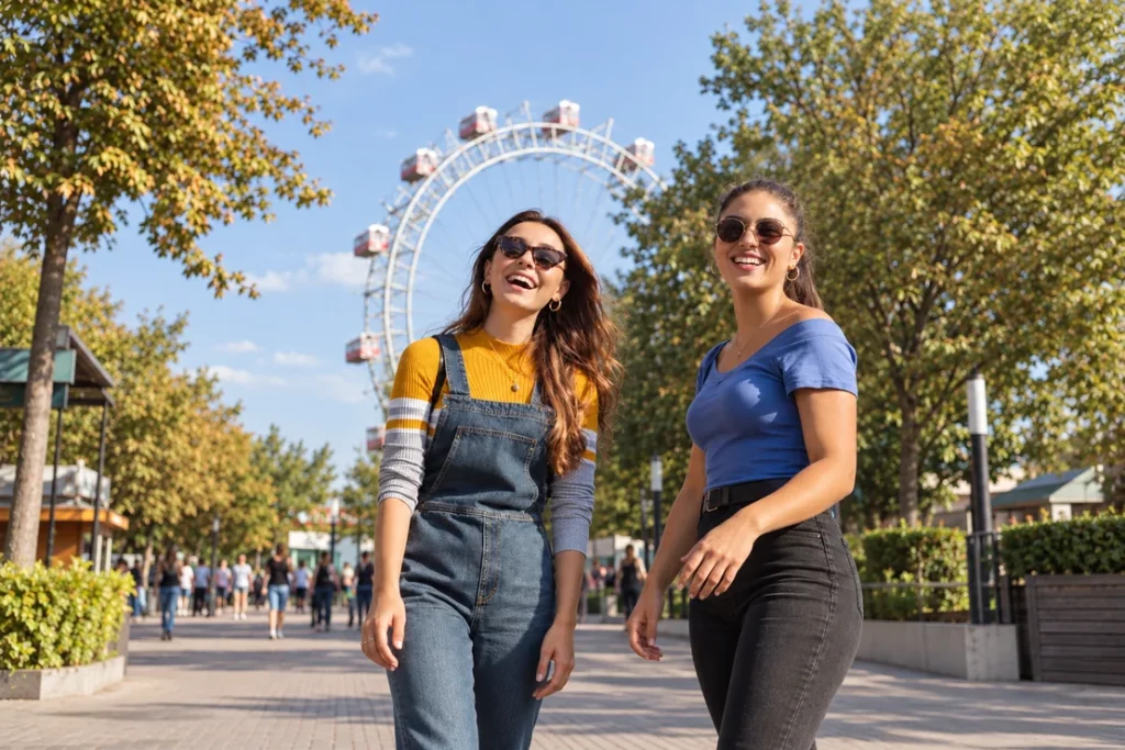 Deux amies devant une grande roue dans un parc d’attractions.