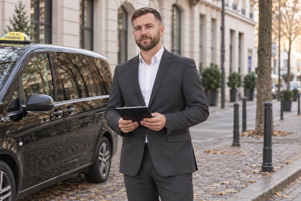 Professionnel avec une tablette à côté du van Mercedes taxi à Strasbourg.